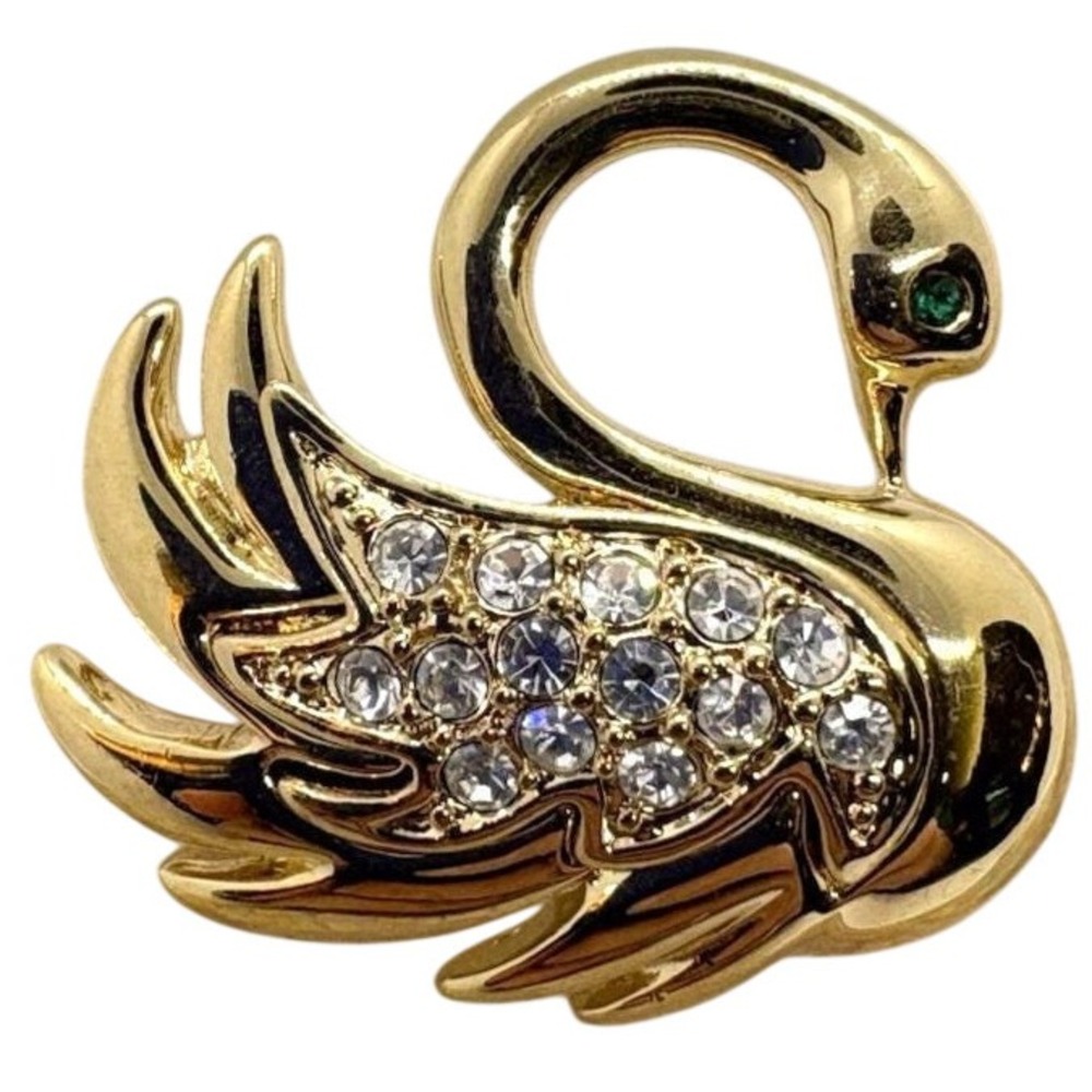 Vintage Gold Tone Swan Bird Clear‎ Rhinestone Pin Brooch Retro Green Eye Nature